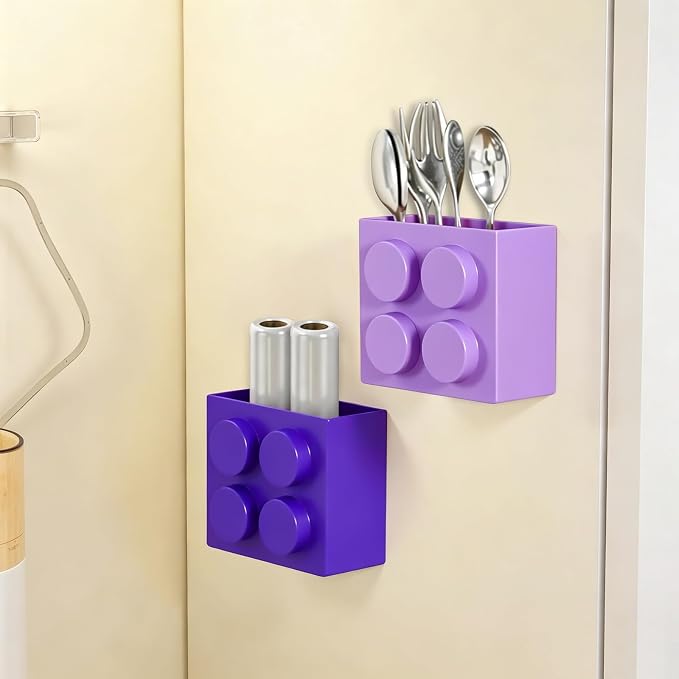 Magnetic Basket Organizer for Fridge - Lego-Style ABS Plastic Storage Box,No Drill Design for Kitchen Counter, Microwave & Whiteboard, Holds Up to 3.5 lbs (Light Purple)