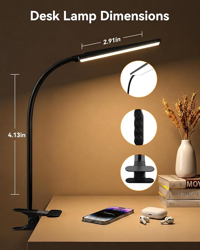 Eye-Caring Adjustable LED Reading Clamp Desk Lamp with 48 LEDs Flexible Neck, 3 Color Modes & 11 Brightness Levels for Office Bedroom Study (Black)