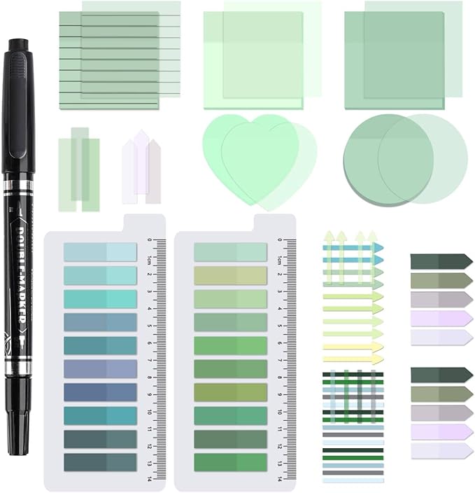 1450 Sheets Transparent Sticky Notes, 3 x 3 inch Aesthetic Clear Lined Sticky Notes with Pen, Gradient Color Waterproof Self-Adhesive Annotation Tabs for Bible Journaling (Green Series)
