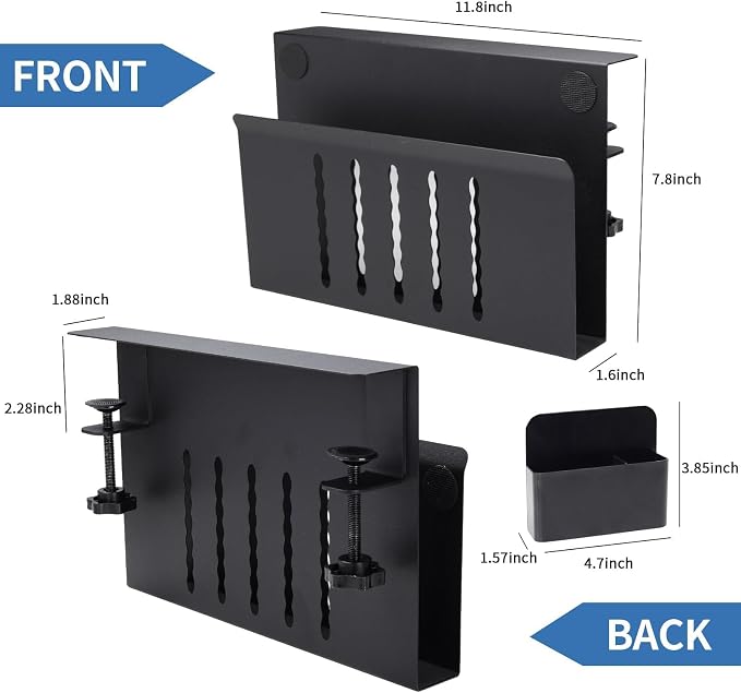 Desk Side Storage Organizer, Under Desk Laptop Holder with Magnetic Pen Holder, No Drill Hanging Desk Caddy for Office & Home, Clamp On Desk Shelf for Tablet, Files, Accessories (Black)