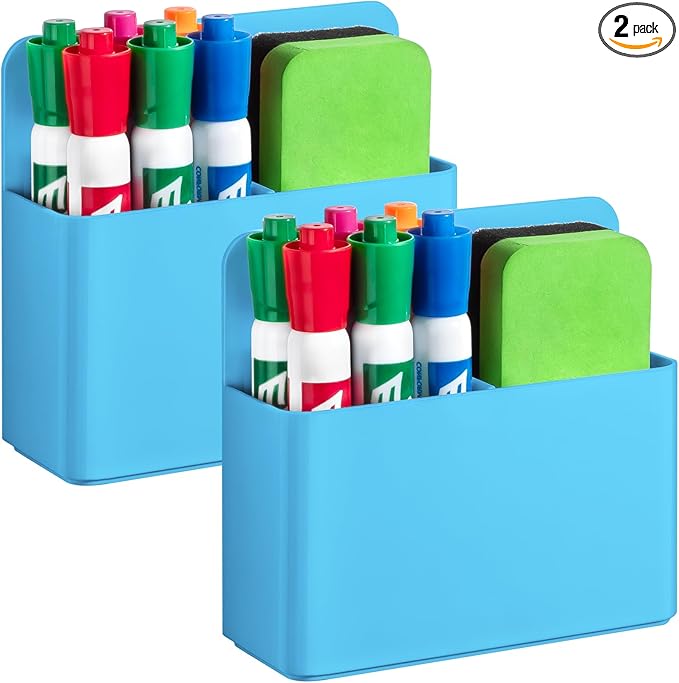 2 Pcs Magnetic Dry Erase Marker Holder for Whiteboard, Plastic Magnetic Pen Holder for Refrigerator Fridge, Magnet Pencil Cup for School Classroom, Locker Accessories, Pen Cup Organizer-Blue