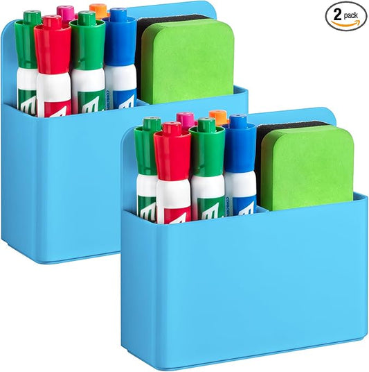2 Pcs Magnetic Dry Erase Marker Holder for Whiteboard, Plastic Magnetic Pen Holder for Refrigerator Fridge, Magnet Pencil Cup for School Classroom, Locker Accessories, Pen Cup Organizer-Blue