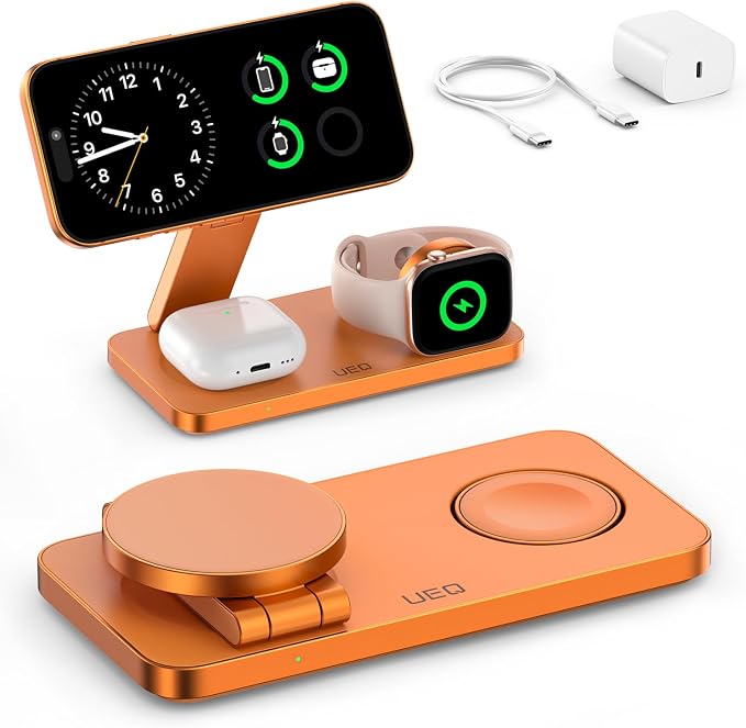 UEQ Foldable 3 in 1 Wireless Charging Station for Apple Mag Safe Charger Stand,Fast Magnetic Wireless Charger Station for iPhone 17 Air 16 15 14 13 12 Series,Airpods Pro,Apple Watch Ultra (Orange)