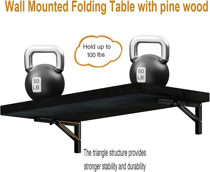 IAE Wall Mounted Folding Table with Pine Wood,36" x 14" Floating Wall Desk,Laundry Folding Table with Shelf Brackets,Fold Down Desk Shelf,Fold Workbench for Apartments,Home,Laundry Room,Kitchen,Black