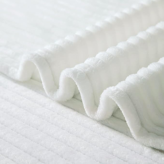 Vessia Flannel Fleece Throw Blanket for Couch,Sofa,Bed, 300GSM Microfiber White Striped Chair Blanket,Super Soft Warm Cozy Lightweight Ribbed Throw for All-Season