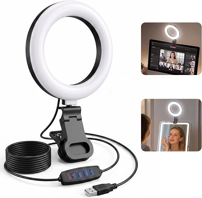 Ring Light for Computer Video Conference - Webcam Light for Monitor Clip On Remote Working Distance Learning Zoom Call Self Broadcasting and Live Streaming Influencer Light Laptop Video Conferencing