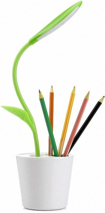 Flexible USB Touch Desk Lamp, Flexible Neck LED Desk Lamp 3 Level of Brightness Sapling Pot with Plant Pencil Holder for Office Study Reading (Dark Green)