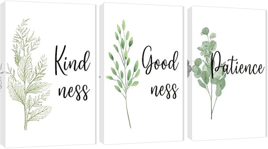 3 Piece Inspirational Wall Art, White Plant Background Picture, Quote "Kind Good Patience" Canvas Print for Office Decor, Triptych Entrepreneur Painting Framed Artwork for Home Wall Decor (72"Wx36" H)