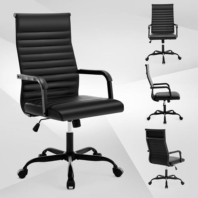 Office Chair, Ergonomic Executive Conference Room Chairs, Ribbed Leather Desk Chair with Lumbar Support, Adjustable Height Mid-Back Swivel Chair with Padded Seat