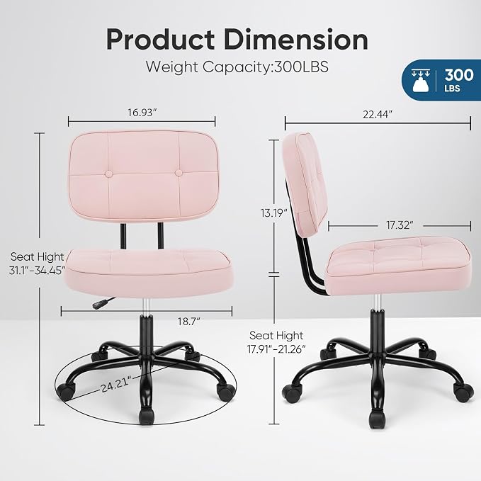 DUMOS Armless Office Desk Chair, Small Vanity Chair with Lumbar Support | PU Leather, 360° Rolling Swivel, Height Adjustable, Fit Computer Task, Bedroom Living Room, Pink