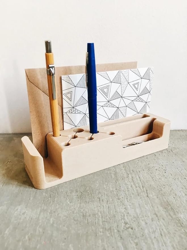 Minimalist Beige Wooden Desk Organizer, Multi-Compartment Pen Holder & Stationery Caddy, Modern Desktop Storage for Office Home School, Natural Wood Finish
