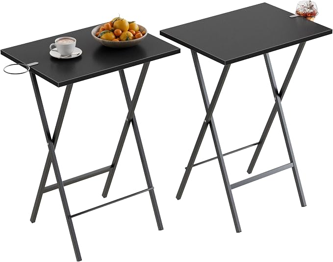 VECELO Folding TV Tray for Eating Set of 2, Portable Dinner/Snack Table with Cup Holder for Couch, Living Room and Small Space, Matte & Black