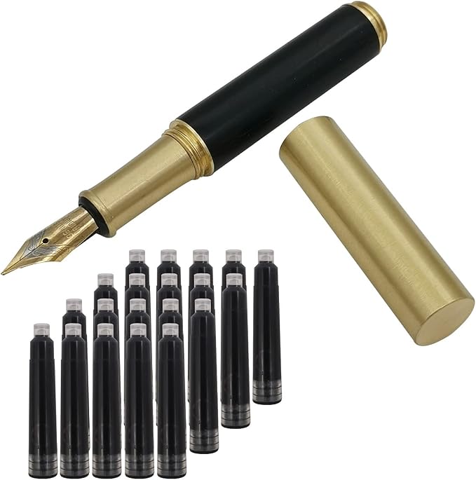 Handcrafted Brass Wooden Fountain Pen Short Paragraph (85mm) Pocket Mini Travel Pen with 20 Pcs Black Ink Cartridges, Black