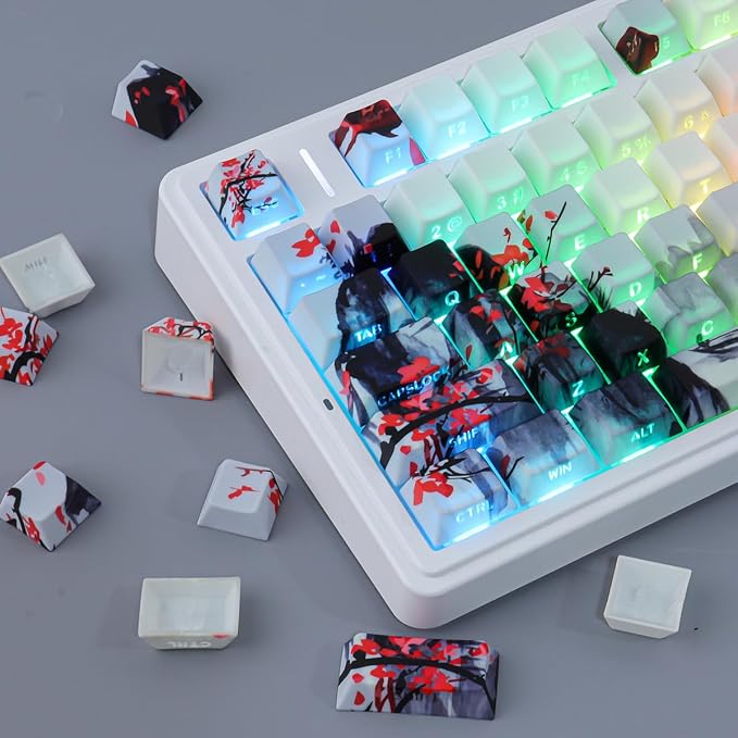 JOMKIZ Ink Painting Keycaps, Red Plum Blossom Landscape Cherry Profile Custom Keycap Set, 130-Key PBT Side-Printed Shine-Through Keycaps for Mechanical Keyboards