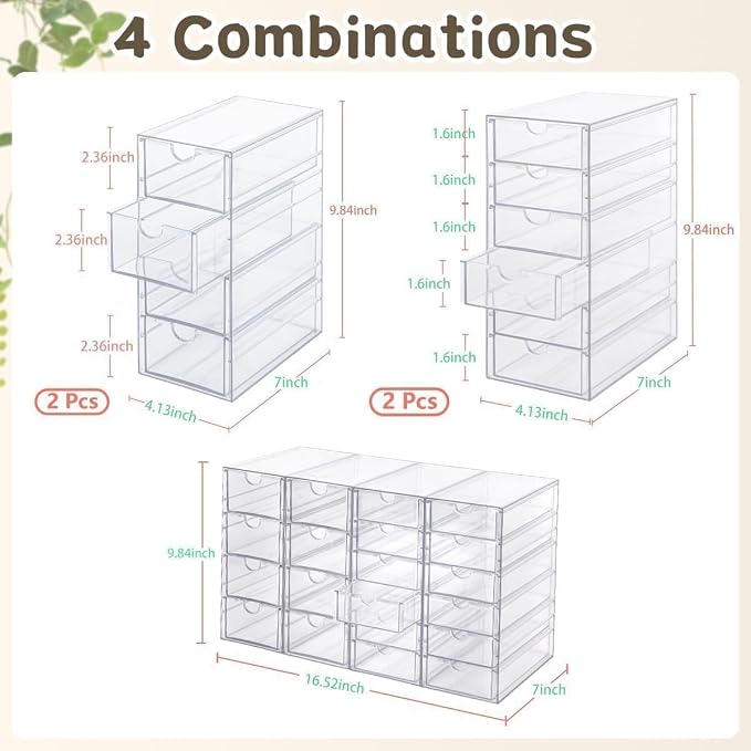 VZKAH Clear Acrylic Desk Organizer with 20 Drawers, 4 Modular Units | 4-piece clear drawer set for office supplies, crafts, makeup, and small daily items on desks, vanities, counters