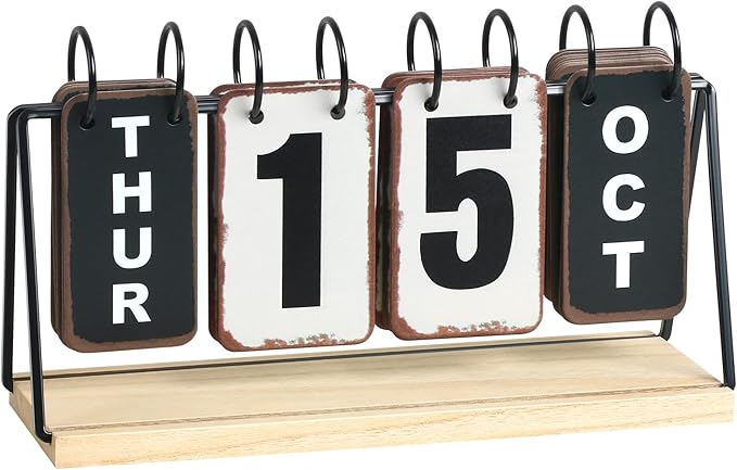 Metal Flip Calendar with Wooden Base, Daily Perpetual Desk Calendar with Large Display, Modern Farmhouse Desktop Calendar for Home Office Decor, Reusable and Foldable