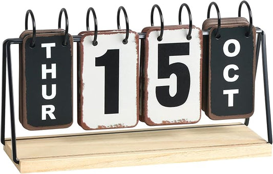 Metal Flip Calendar with Wooden Base, Daily Perpetual Desk Calendar with Large Display, Modern Farmhouse Desktop Calendar for Home Office Decor, Reusable and Foldable