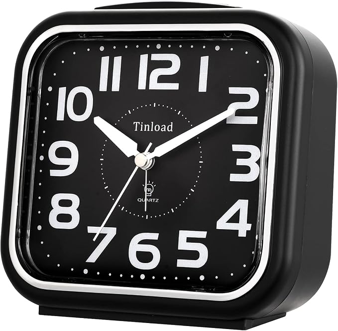Tinload 5.5" Large Analog Alarm Clock Silent Non Ticking, Gentle Wake, Beep Sounds, Increasing Volume, Battery Operated Snooze and Manual Light, Easy Set, Black (Best for Elder)