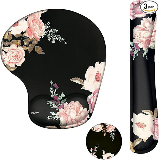 MOSISO Curved Wrist Rest Support for Mouse Pad&Keyboard Set, Black | Peony Ergonomic Mousepad Non-Slip Base Home/Office Pain Relief&Easy Typing Cushion with Neoprene Cloth&Raised Memory Foam