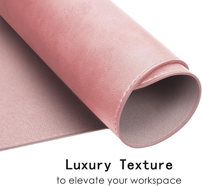 Soft Anti-Curl Faux PU Desk Mat 23.6"x13.8", Waterproof Heat Safe Non-Slip Vintage Desk Pad, Stitched Edge Wipeable Tear Resistant Desktop Protector for Work from Home Office (Pink)