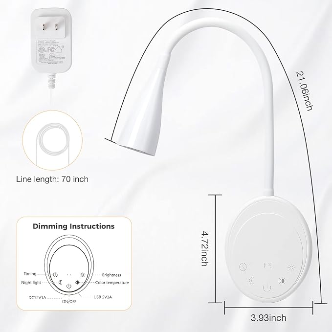 SANKEDOU LED Wall Mount Reading Light, Bedside Reading Lights with Touch Control, 5 Dimmable, USB Output, Night Light & Timers, Flexible Gooseneck Headboard Bed Lights wall Sconce (White-2P)