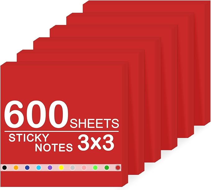 Super Sticky Notes,6 Pads Self-Stick Note Pads 3 x 3 in,600 Sheets Total Sticky Notepad Bulk Post,Office Supplies,School Supplies,Christmas Decor (Red, 6 Pads Sticky Notes 3x3)