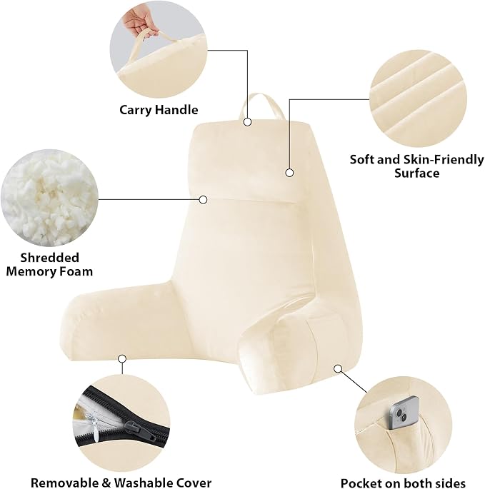 IPYNBAP Back Pillow for Bed Sitting up, Reading Pillow for Sitting in Bed Adult, Back Support Pillow, Memory Foam Sit up Lounge Backrest Pillow with Arms for TV, Couch, Chair, Dorm, 24 Inch, Beige