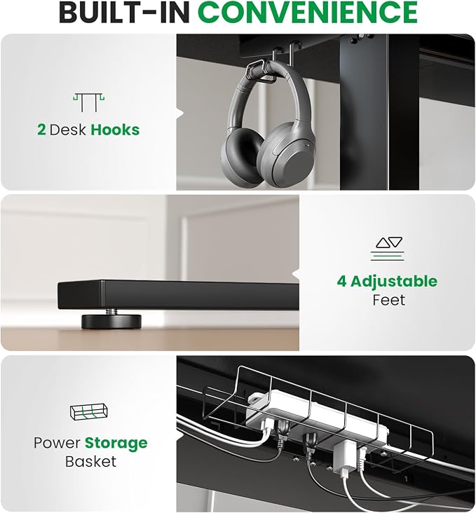 Electric Standing Desk Adjustable - 63x30 Inch Sit Stand Desk with 1 Inch Thick Tabletop, Double Beam Frame, 3 Memory Height Adjustment, Cable Management for Home Office