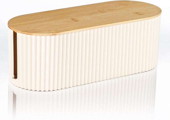 Cable Management Box with Solid Bamboo Cover, 12.6x5.4x4.4 inches, Beige | Floor Outlet Hider, Wire Organizer, Hide & Cover Power Strips for Home Office Desk TV Computer USB Hub System,