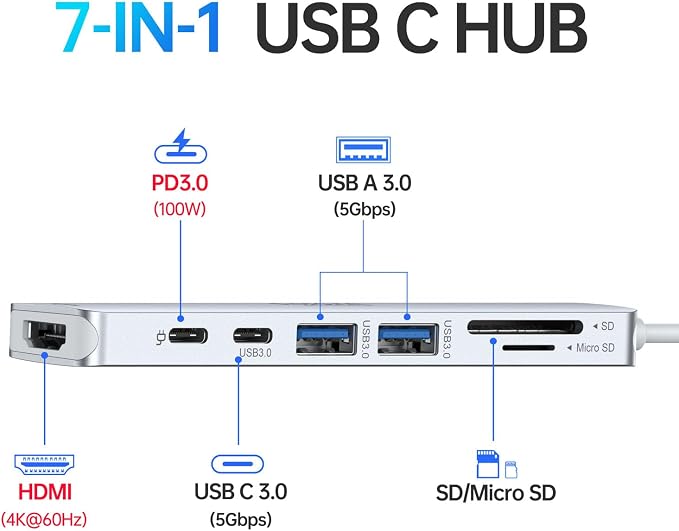 Selore&S-Global USB C Hub HDMI Adapter for MacBook Pro/Air, 7 in 1 USBC Dongle with HDMI, microSD/SD Reader, USB C Data Port,100W PD and 2 USB 3.0 Compatible for MacBook Pro/Air(Light Sliver)