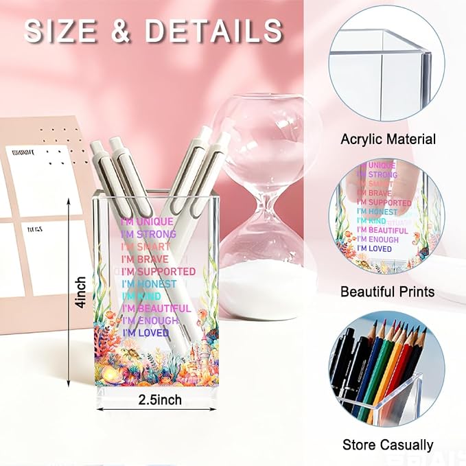 I Am Affirmation Acrylic Pencil Pen Holder Cup, Women Affirmation Desk Accessories Holder, Ocean Design Makeup Brush Storage Organizer, Back To School Birthday Gifts for Daughter Niece