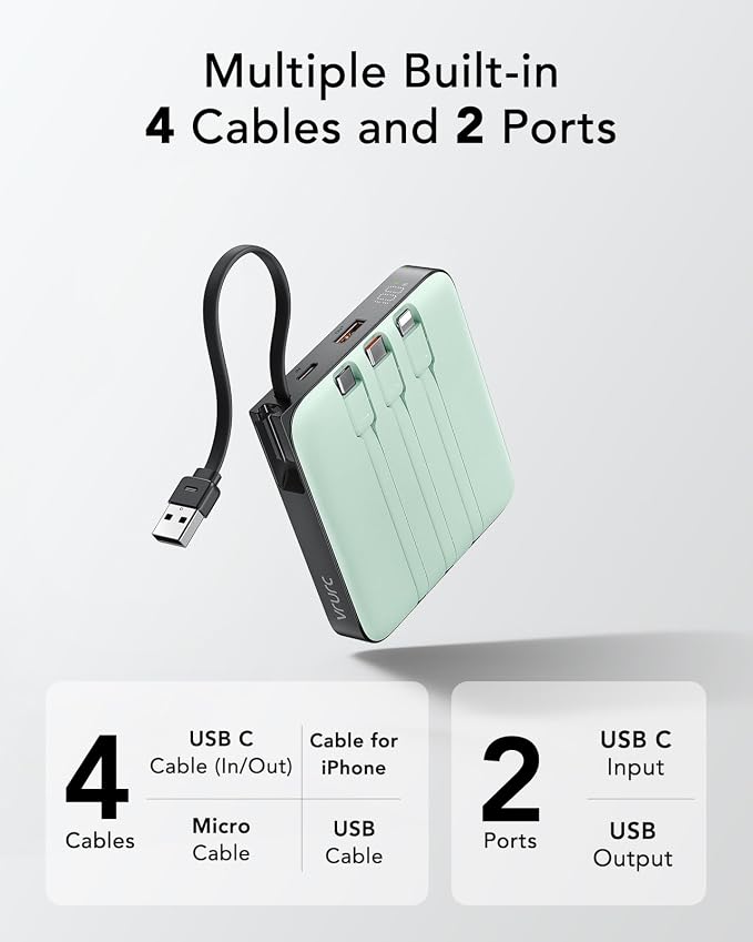 VRURC Portable Power Bank Built-in Cables, 20000mAh 22.5W Fast Charging USB C Battery Pack, Travel Essentials, Phone Charger Battery for iPhone 17/16/15 Series, Samsung Galaxy Series, Green(1 Pack)