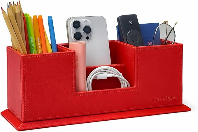 UnionBasic Desk Organizer, Desktop Caddy Leather Multi-compartment Pen Holder Office Stationer Organizer, Red