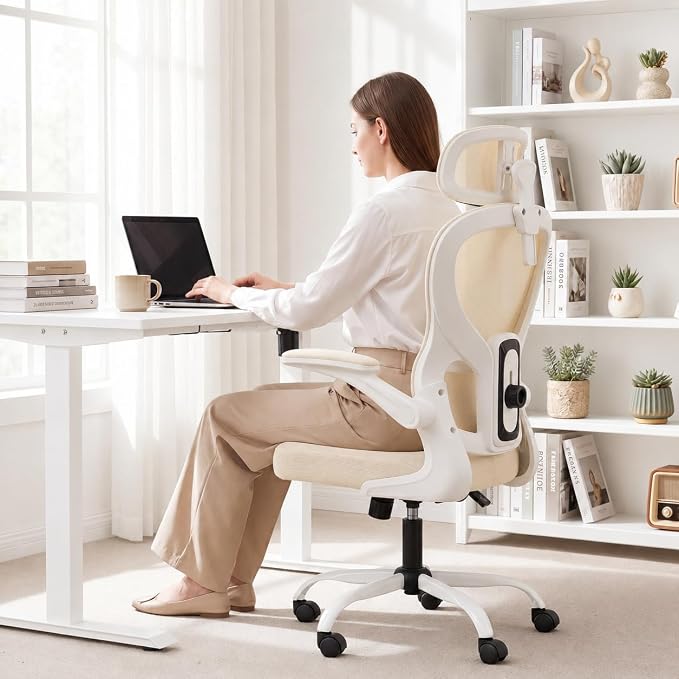 Ergonomic Office Chair with Adjustable Headrest & Lumbar Support, High Back Mesh Desk Chair, 330 LBS Capacity Swivel Computer Chair with Flip-Up Arms, Home Office Gaming Chair (Beige)