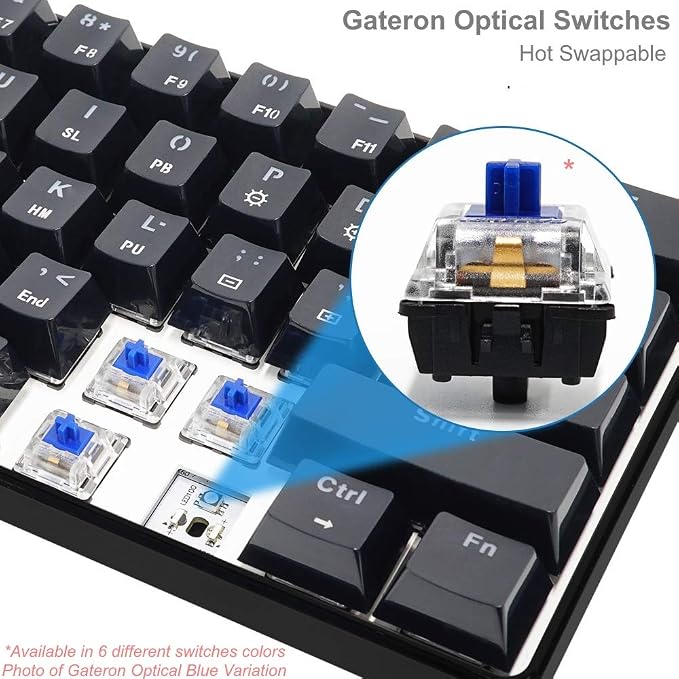 HK GAMING GK61 Mechanical Gaming Keyboard - 61 Keys Multi Color RGB Illuminated LED Backlit Wired Programmable for PC/Mac Gamer (Gateron Optical Silver, White)