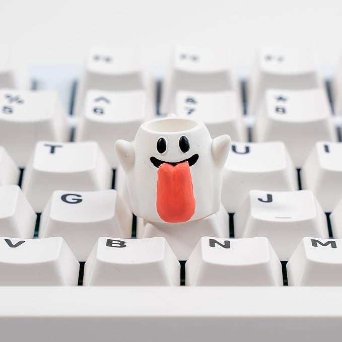 Ghost Artisan Keycap, White with Red Accent, Resin Material, 1U Size, MX Switch Compatible, Novelty Design for Mechanical Gaming Keyboards