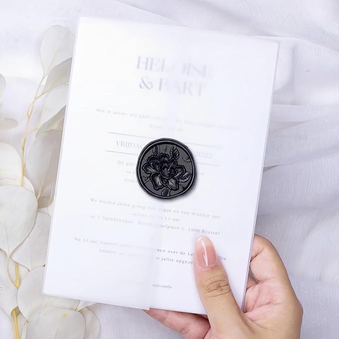 UNIQOOO Wax Seal Stickers - 3D Vintage Floral Wedding Invitation Envelope Botanical Seal Stickers, 50 Pcs Self- Adhesive Black Flower Stickers, Perfect for Invitation, Gift Wrapping, Party