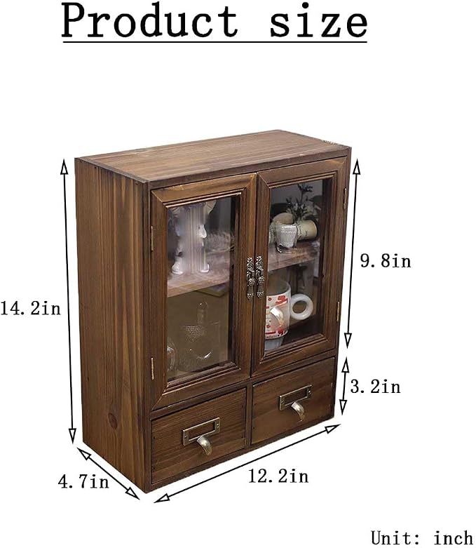 Rosetta Mini Countertop Country Vintage Locker, Wall-Mounted Wood Display with Organic Glass Door, Food Storage, 2 Bottom Drawers-Pharmacist Cabinet-Display Cabinet (Burnt Wood Color)