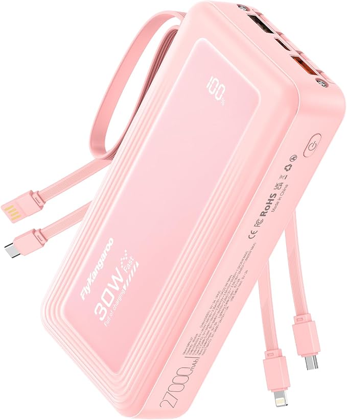 Portable Charger with Built-in Cables, 27000mAh Slim 30W Fast Charging Power Bank with LED Display, USB C Battery Pack 6 Outputs & 2 Inputs, Travel Essential Charger for iPhone, Samsung, Google etc