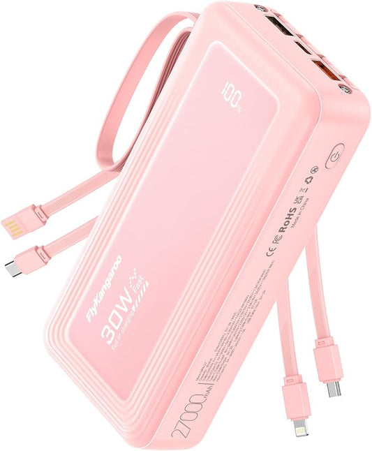 Portable Charger with Built-in Cables, 27000mAh Slim 30W Fast Charging Power Bank with LED Display, USB C Battery Pack 6 Outputs & 2 Inputs, Travel Essential Charger for iPhone, Samsung, Google etc