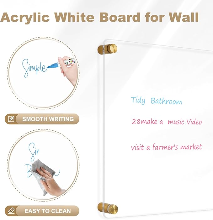 Clear Acrylic Dry Erase Board, 12" X 12" Golden Non-Magnetic Frameless Clear White Board for Wall, Erasable Acrylic Board for Wall, Home, Office, School, 2 Markers