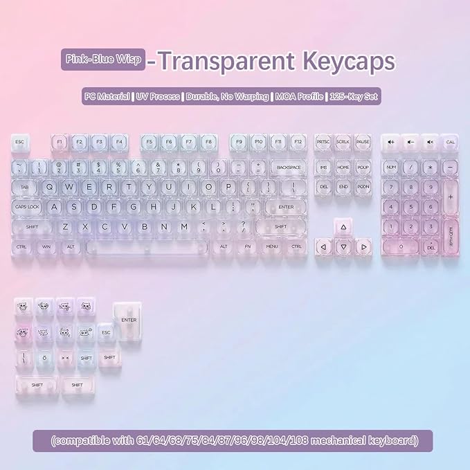 Tsungup Clear Keycaps Shine Through, Colorful Crystal Ceramic Jelly Transparent Keycaps for Mechanical Keyboard,125 Keys Custom Key Caps Keyboard Keycap Set (MOA Profile)