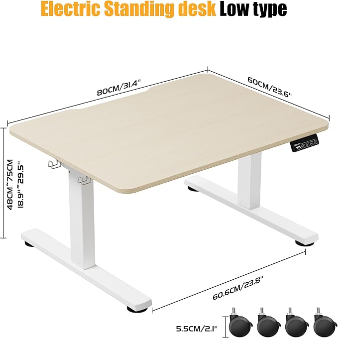 ERGOMAKER Low Height Adjustable Desk with Lockable Wheels, Lifts 18.9"-29.5", 31.5" x 23.6" Electric Small Standing Desk with Splice Board for Home Office & Short People(White Frame, Gold Oak Desktop)