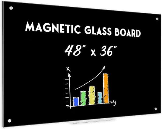 Magnetic Black Glass Dry Erase Board, 4' x 3', Frameless Wall Mount | 48" x 36" Large Glass Whiteboard for Wall, Includes 1 Marker Tray and 6 Magnets, White Board for Office, Home, Classroom