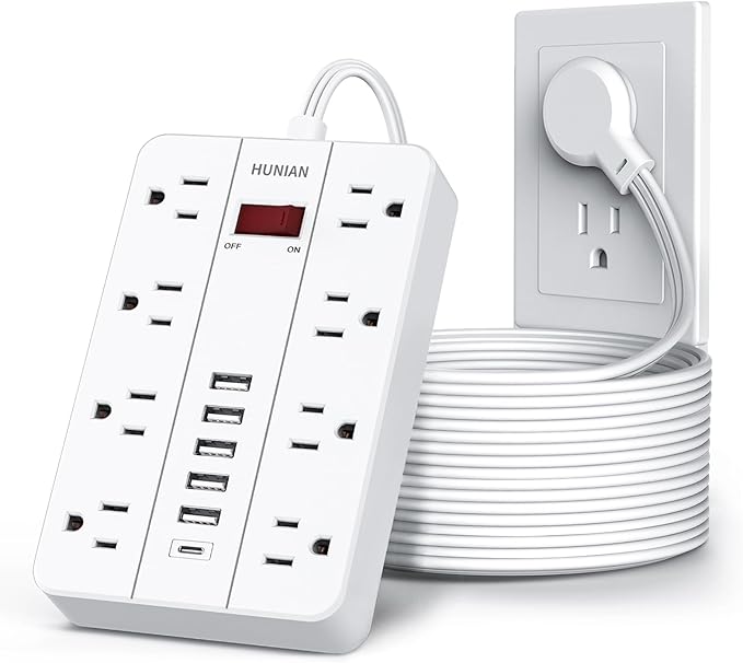 Extension Cord Power Strip 15 Ft, HUNIAN Flat Plug with 8 Widely Spaced Outlets 6 USB (1 USB C Port), Wall Mount Charging Station for Home and Office