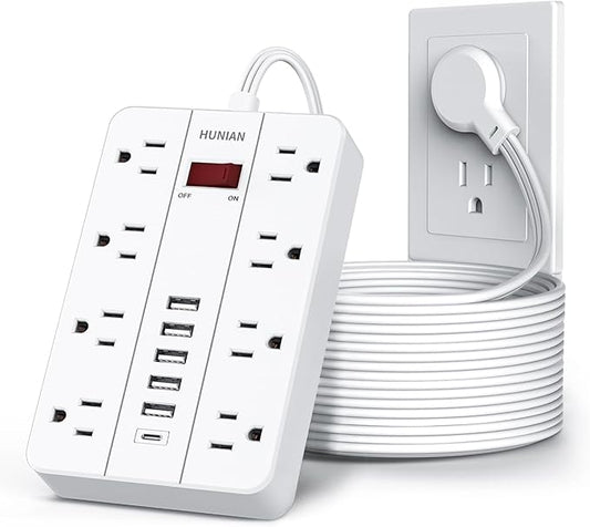 Extension Cord Power Strip 15 Ft, HUNIAN Flat Plug with 8 Widely Spaced Outlets 6 USB (1 USB C Port), Wall Mount Charging Station for Home and Office