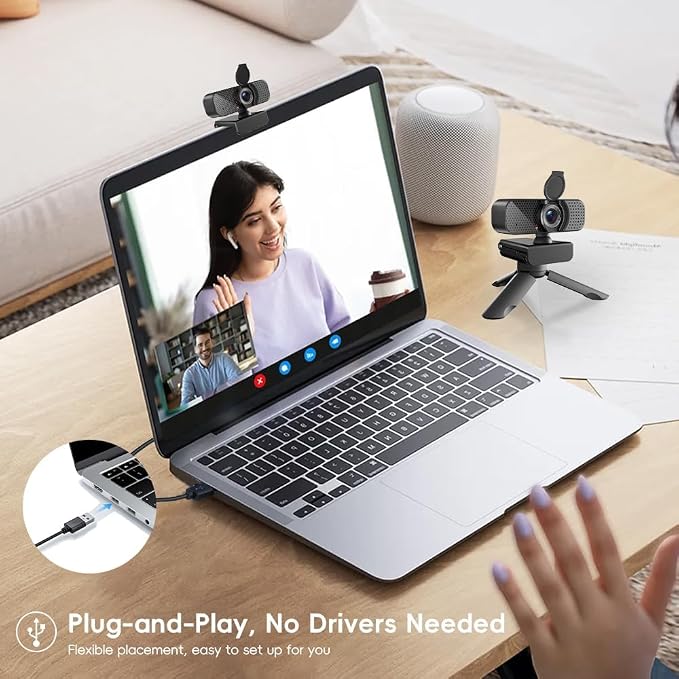 2K Webcam PC Webcam with Microphone and Physical Privacy Cover, Noise-Canceling Microphone, Auto Light Correction, Wide Angle, Plug and Play for Conferences/Online Classes/Live Streaming/Zoom/Teams