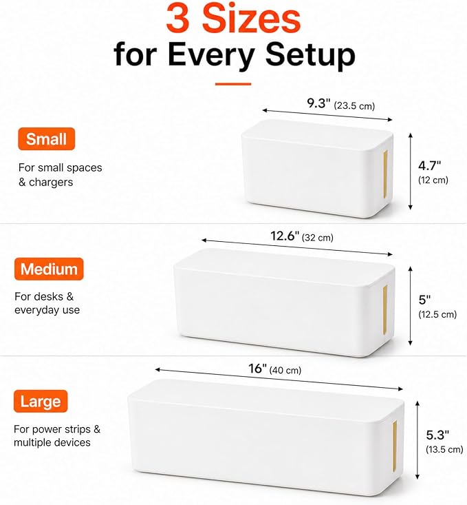 [Set of 3] 3 Cable Management Boxes + 3 Wire Ties, Large Cord Box Organizers to Hold and Hide Power Strip Charger Adapter Power Cord Charging Station USB HUB (White)