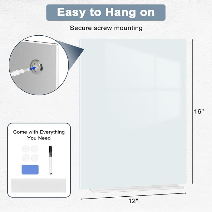 Magnetic Glass Whiteboard, 16" x 12", Frameless Wall Mount, Normal White | Glass Dry Erase Board for Wall, Includes 1 Marker Tray and 4 Magnets, White Board for Office, Home, Classroom