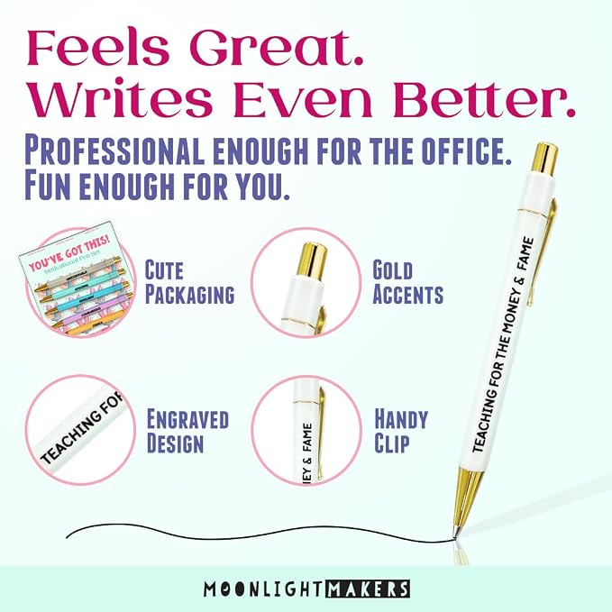 Moonlight Makers Funny Pens — Cute Motivational Pens with Sayings and Affirmations, Black Ink Ballpoint Pens, Office Desk Accessories for Women, Coworkers, Friends, Gift Ideas, Set of 5, You Got This